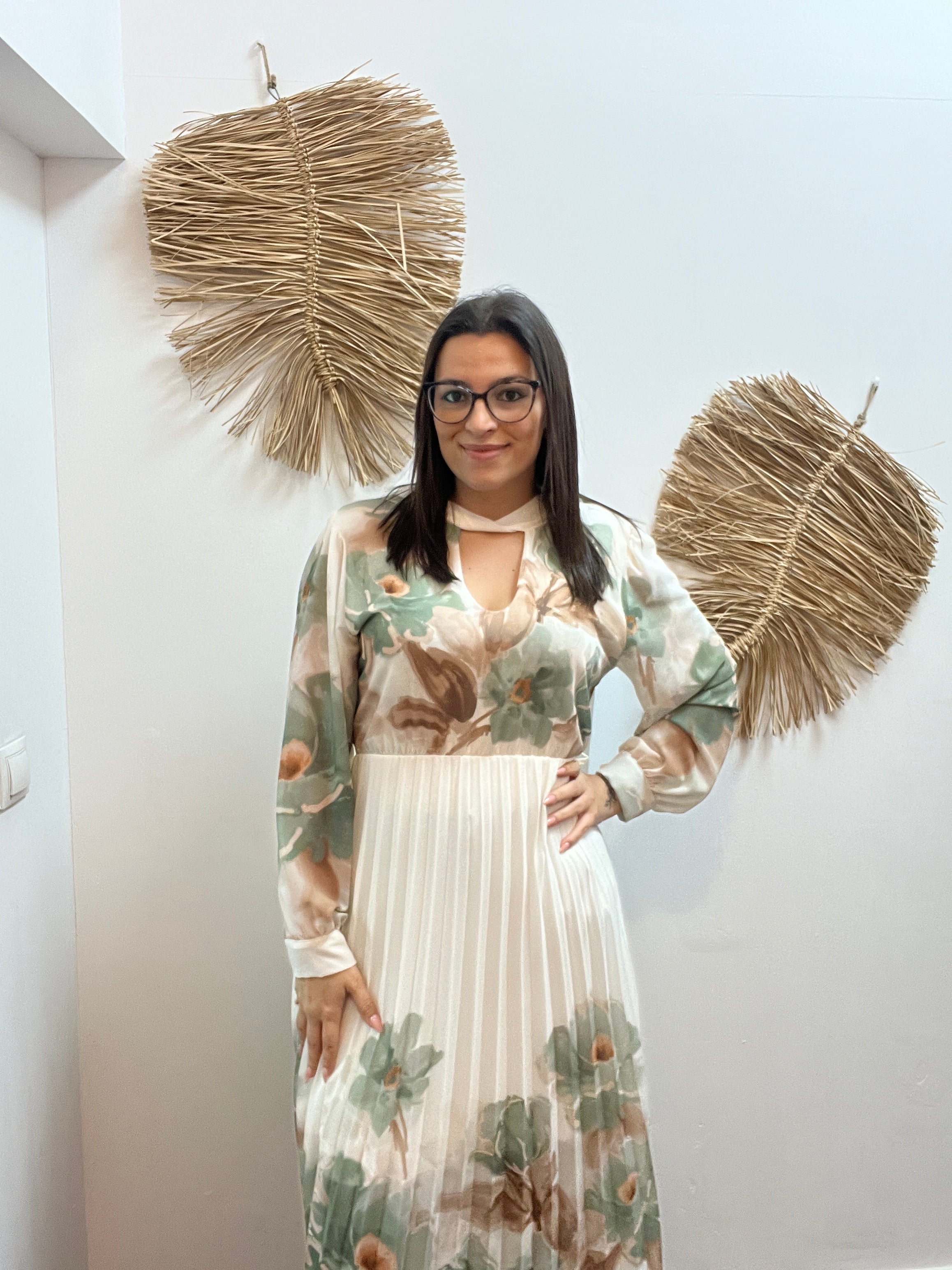 Vestido Plisado Flores Cuello Lazo