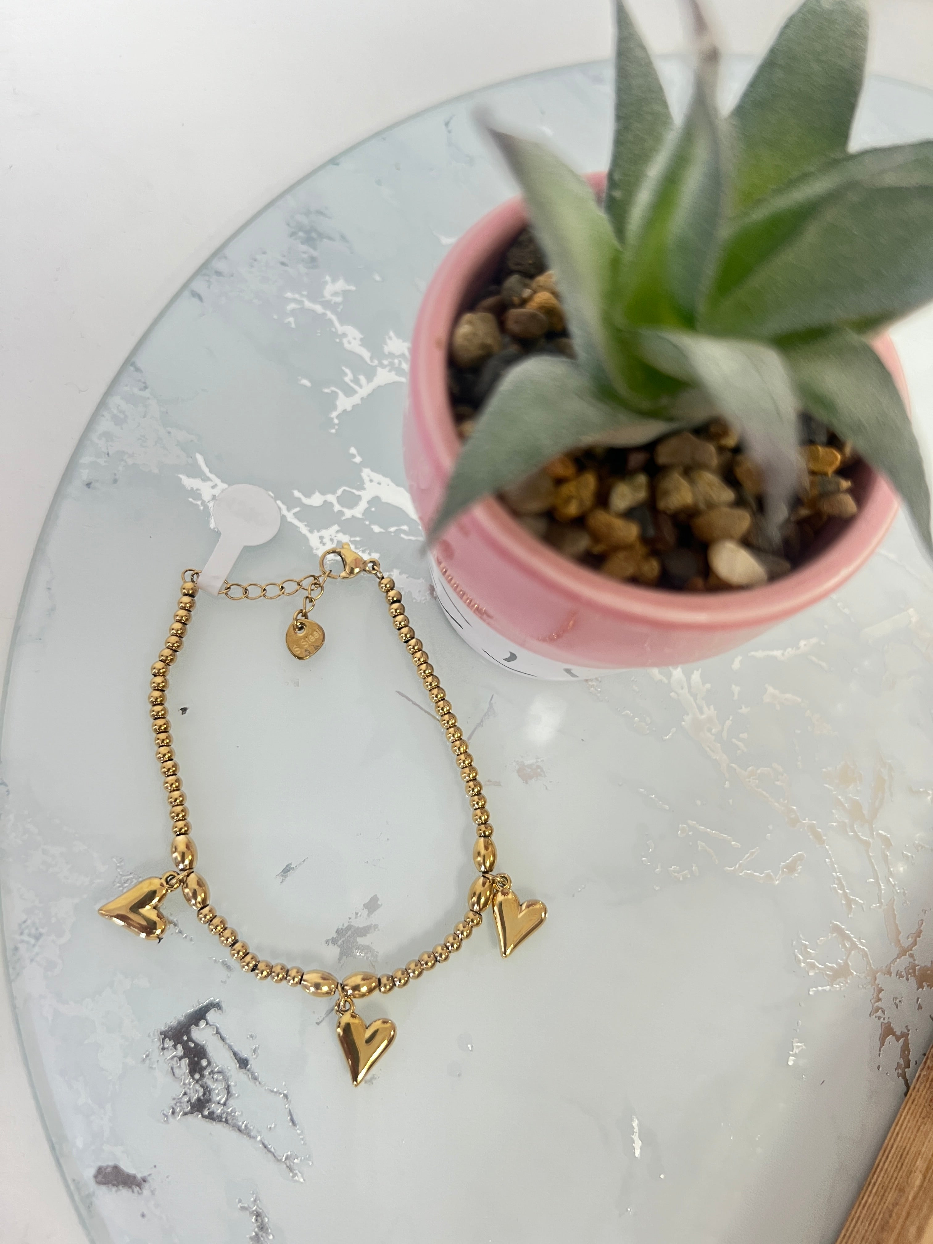 Pulsera Bolitas Triple Corazón