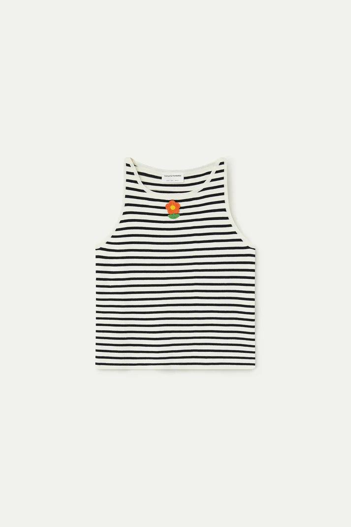 Top de rayas blanco y negro con bordado de flor Compañía Fantástica