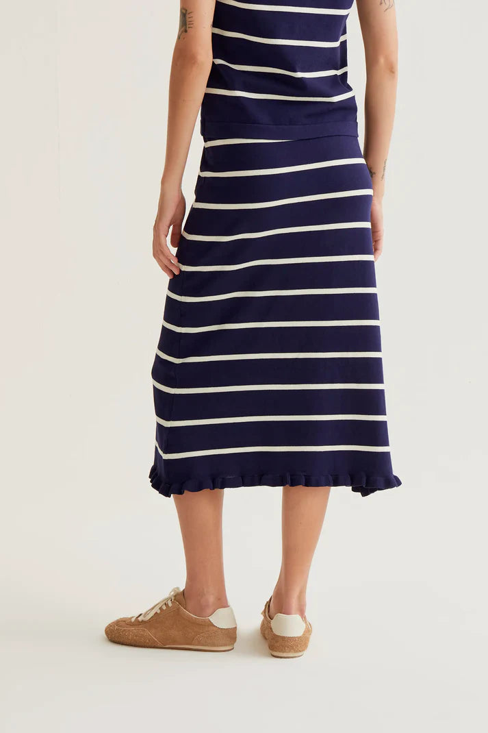 Falda midi de punto con estampado de rayas azul marino y blanco Compañía Fantástica