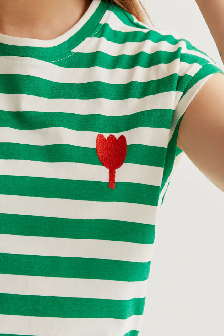 Camiseta con estampado de rayas verdes con bordado de tulipán Compañía Fantástica