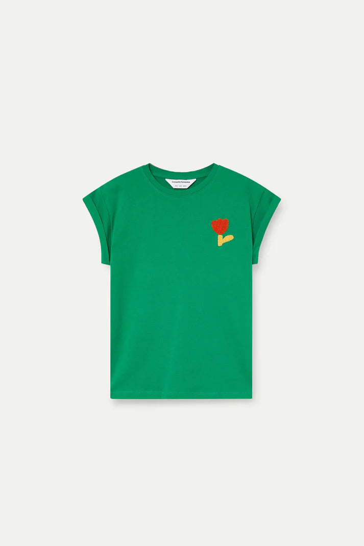 Camiseta verde con bordado de tulipán rojo Compañía Fantástica