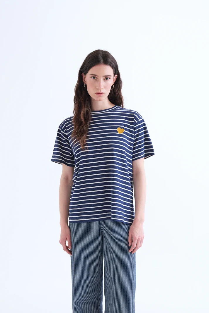 CAMISETA 100% ALGODON CON ESTAMPADO RAYAS AZUL MARINO