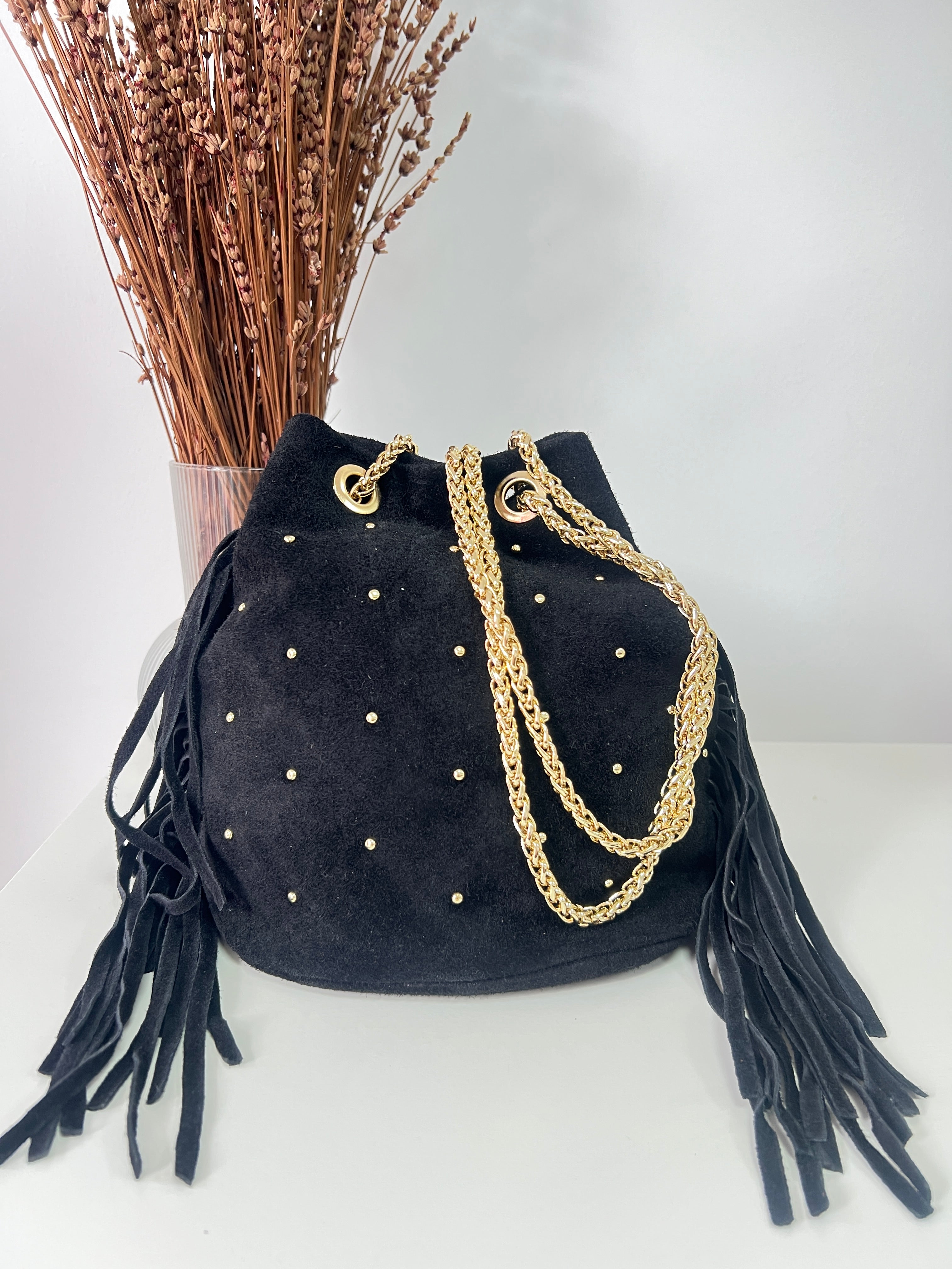 Bolso piel flecos tachuelitas