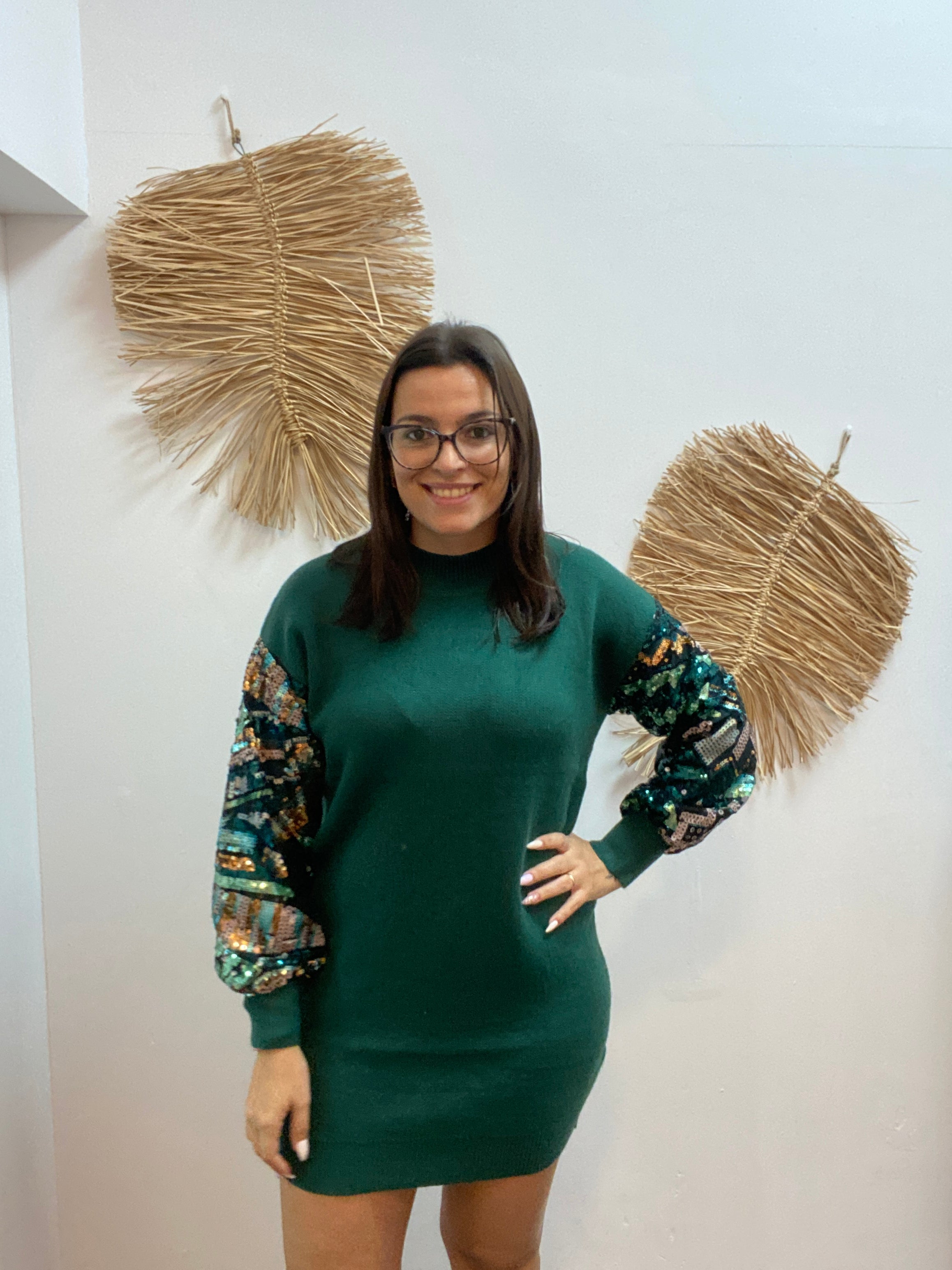 Vestido manga lentejuelas