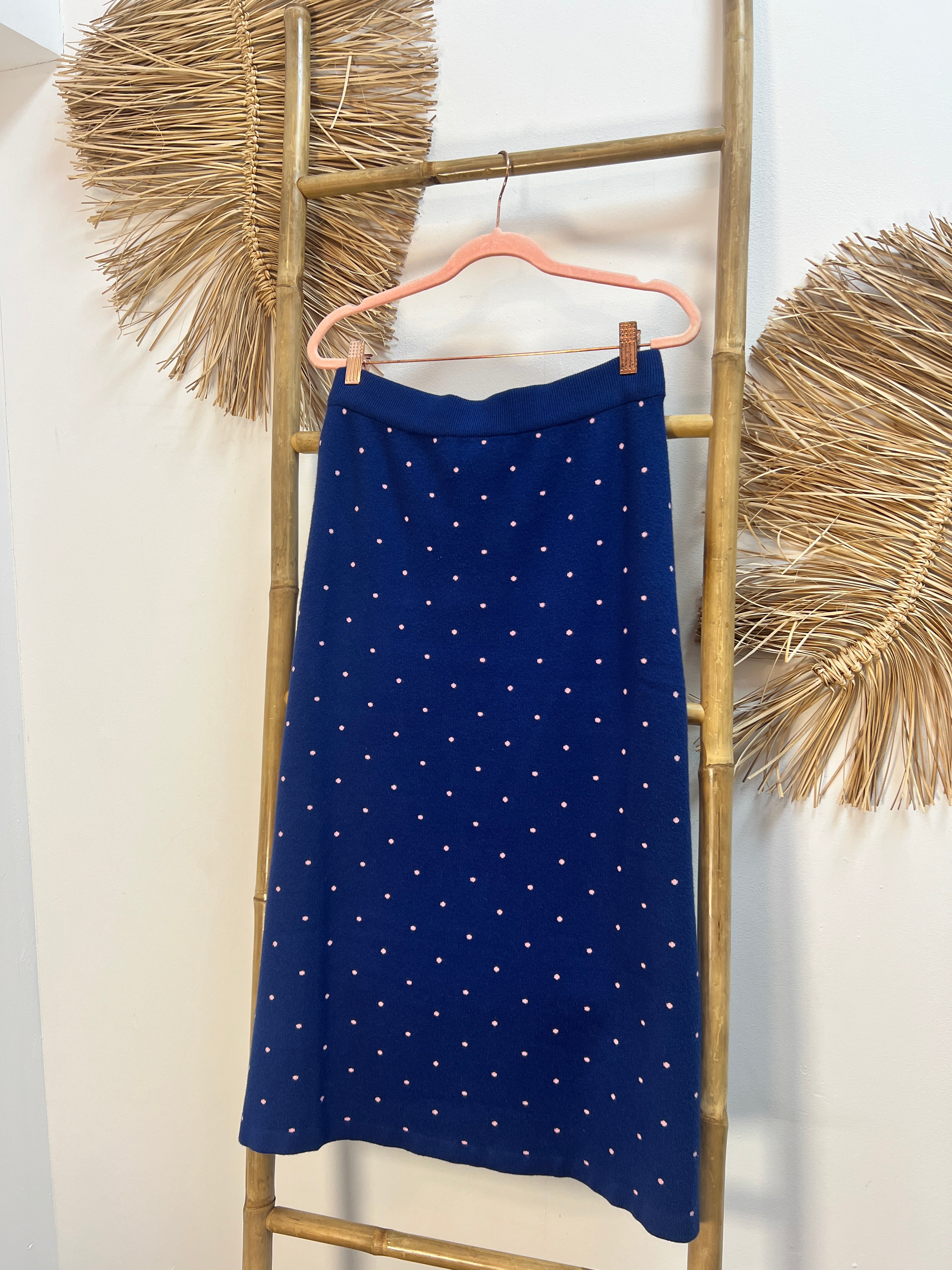 Falda midi punto jacquard estampado topos blue y rosa