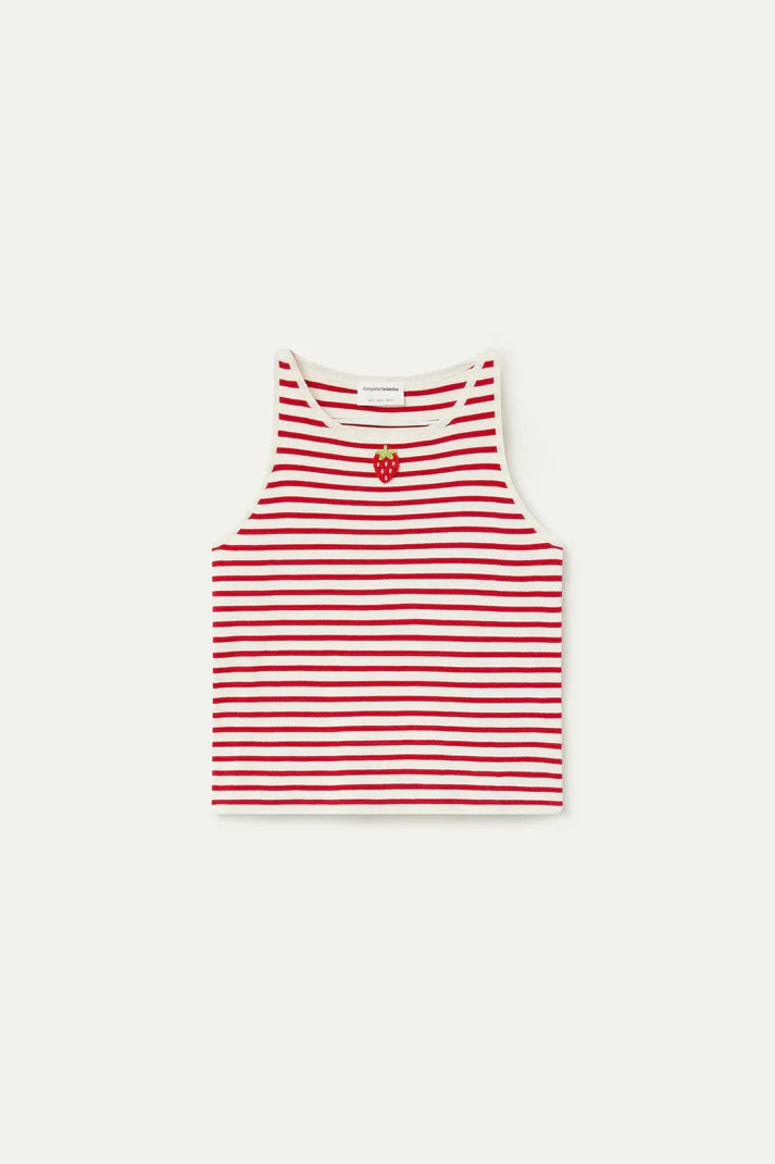 Top de rayas blanco y rojo con bordado de fresa de Compañía  Fantástica