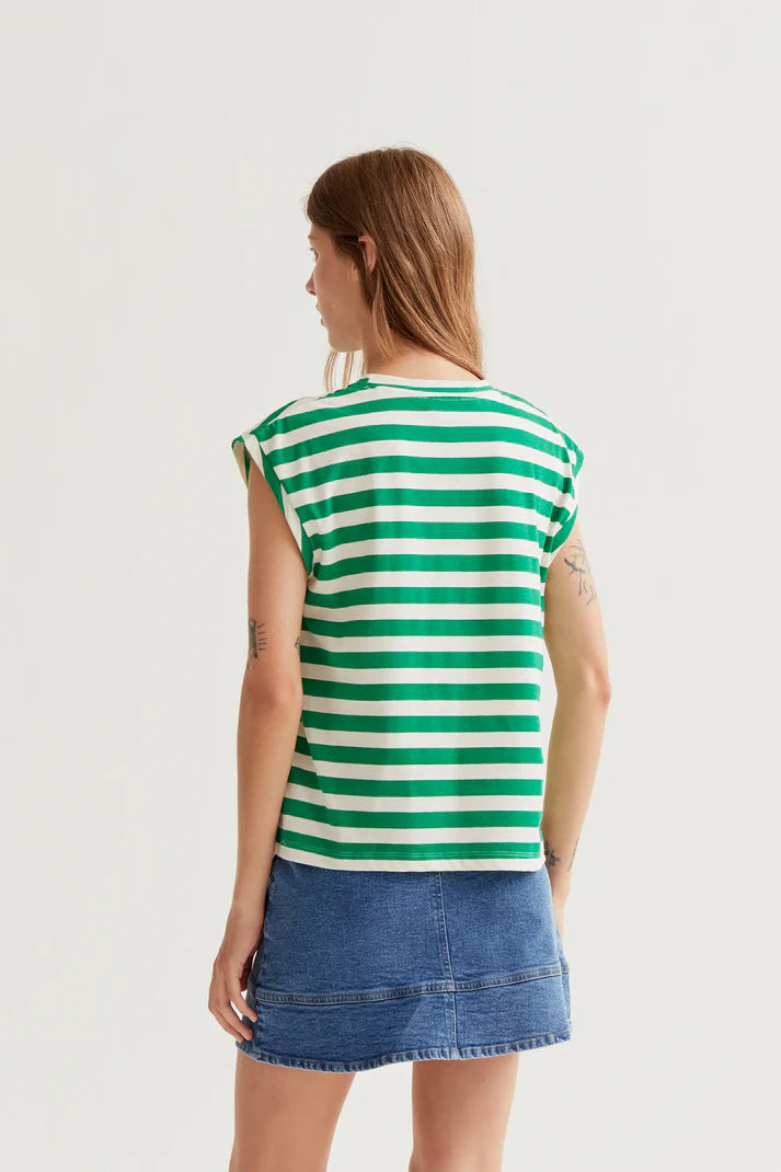 Camiseta con estampado de rayas verdes con bordado de tulipán Compañía Fantástica