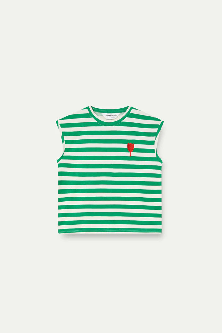 Camiseta con estampado de rayas verdes con bordado de tulipán Compañía Fantástica