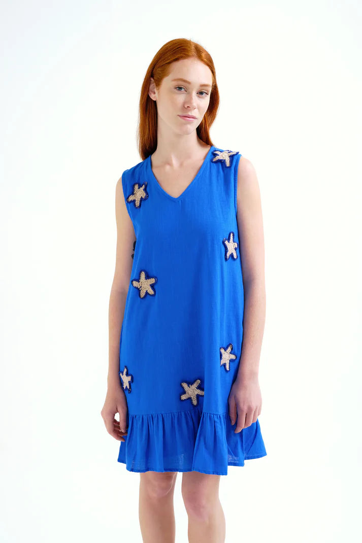 Vestido corto 100% algodón azul marino con apliques de estrellas Compañía Fantástica