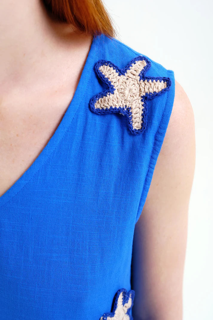 Vestido corto 100% algodón azul marino con apliques de estrellas Compañía Fantástica