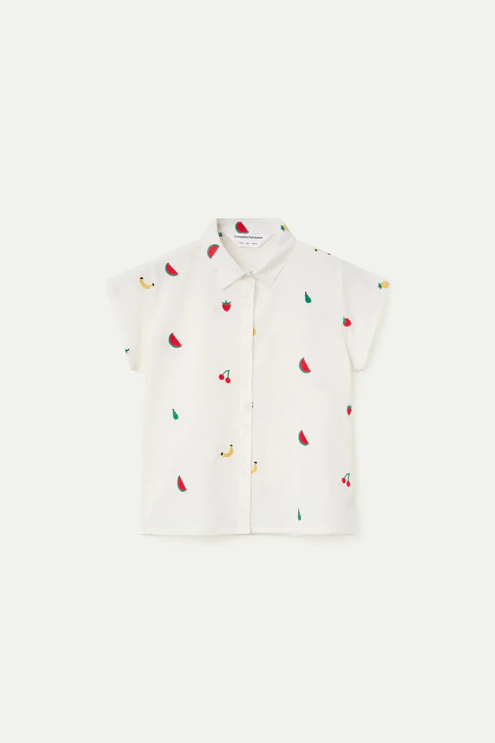 Camisa Blanca 100% algodón con bordado de Ensalada de frutas Compañía Fantástica
